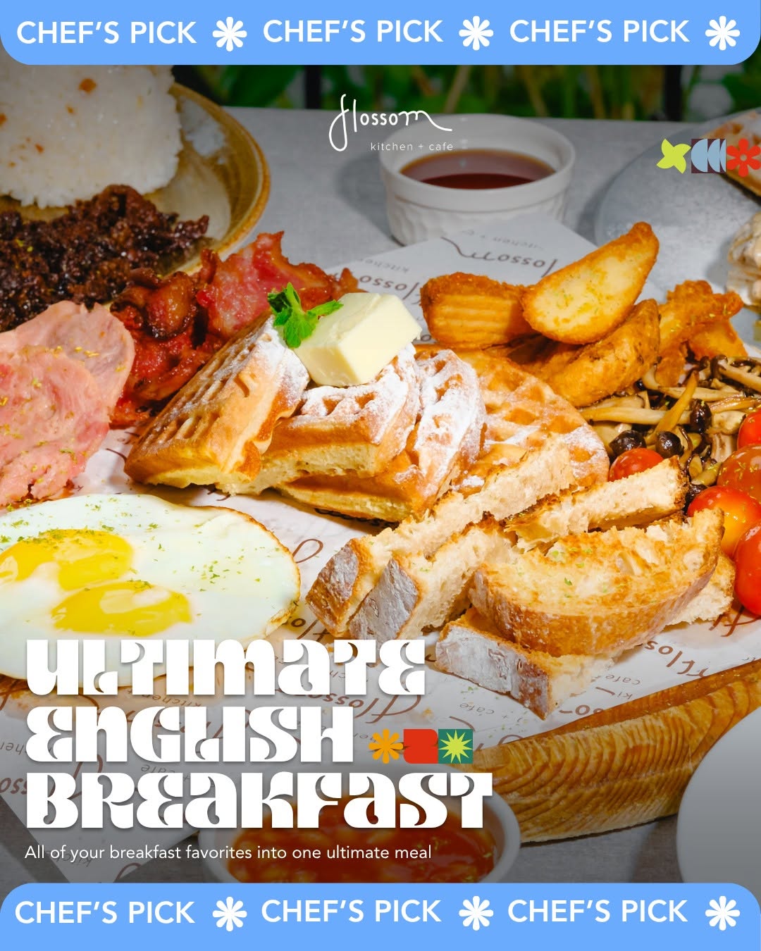 Flossom Ultimate English Breakfast — waffles, eggs, toast, sausage, mushrooms